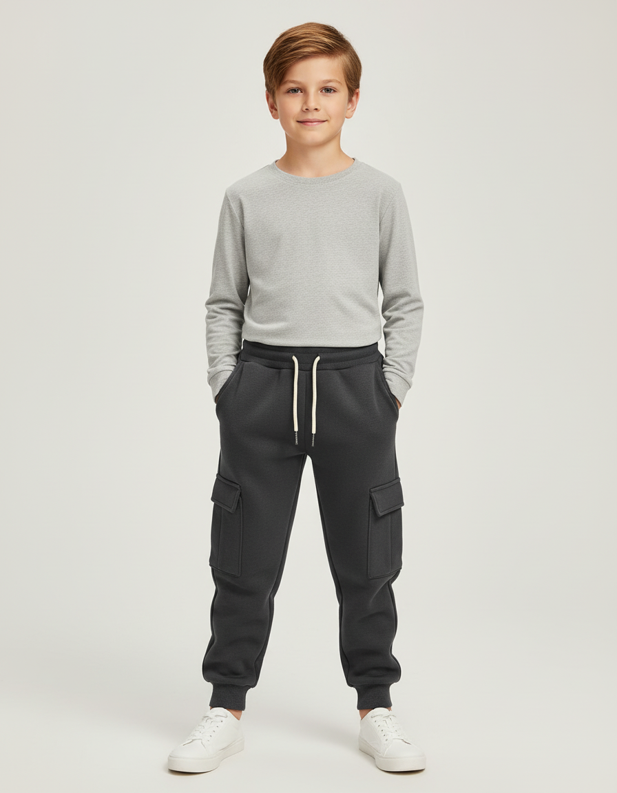 Pantalon Cargo Gris Foncé Molletonné Décontracté Multipoches