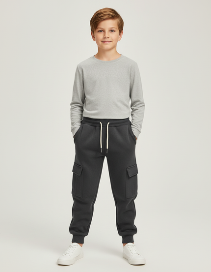 Pantalon Cargo Gris Foncé Molletonné Décontracté Multipoches