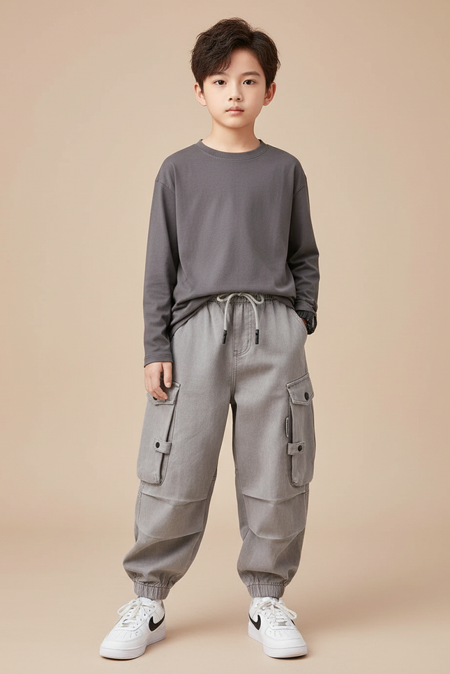 Pantalon Cargo Gris Coton Ample Multipoches Enfant