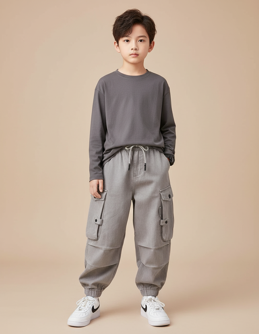 Pantalon Cargo Gris Coton Ample Multipoches Enfant