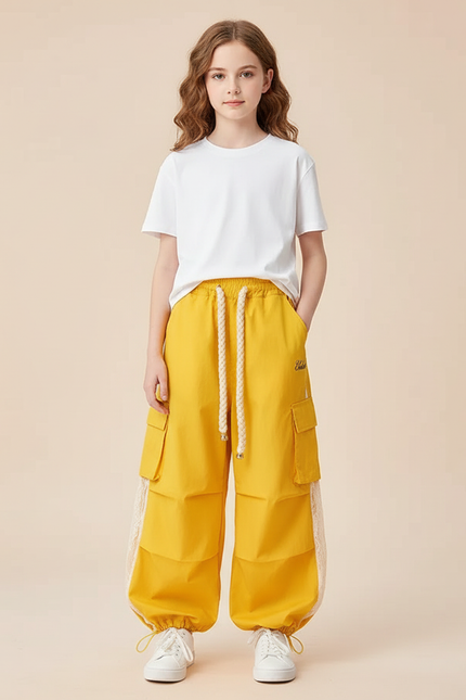 Pantalon Cargo Jaune Ample Dentelle Enfant - Toile