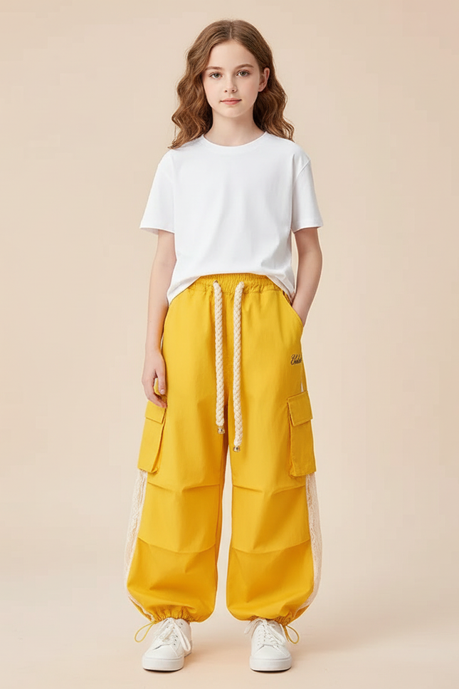 Pantalon Cargo Jaune Ample Dentelle Enfant - Toile