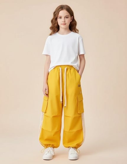 Pantalon Cargo Jaune Ample Dentelle Enfant - Toile