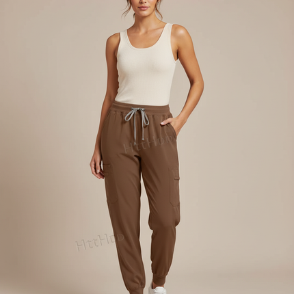 Pantalon Cargo Marron Jogger Fluide Femme Décontracté - Polyester