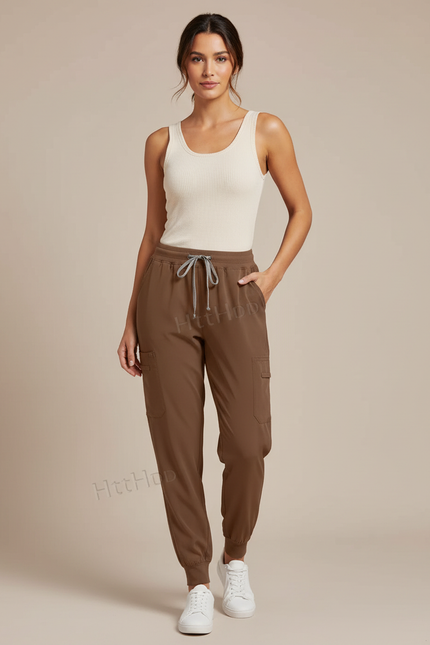 Pantalon Cargo Marron Jogger Fluide Femme Décontracté - Polyester