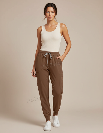 Pantalon Cargo Marron Jogger Fluide Femme Décontracté - Polyester