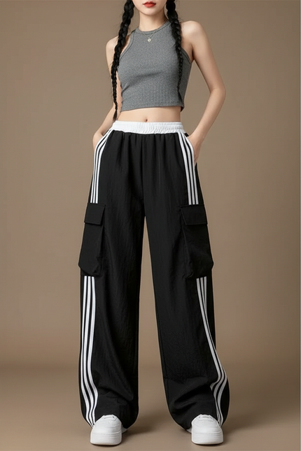 Pantalon Cargo Noir Ample Rayures Blanches Femme Sportif - Polyester
