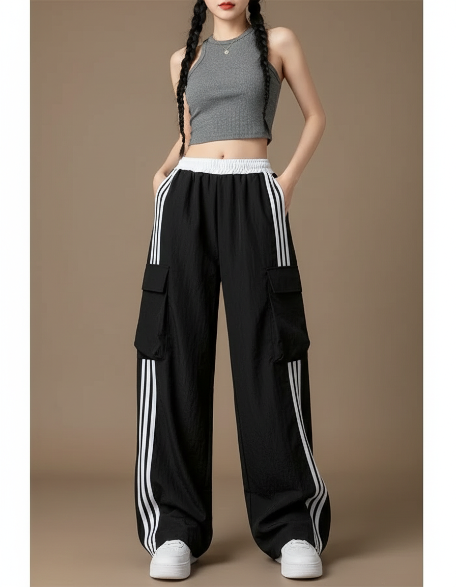 Pantalon Cargo Noir Ample Rayures Blanches Femme Sportif - Polyester