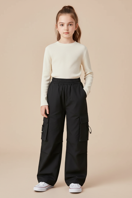 Pantalon Cargo Noir Ample Multipoches Décontracté Fille - Polyester