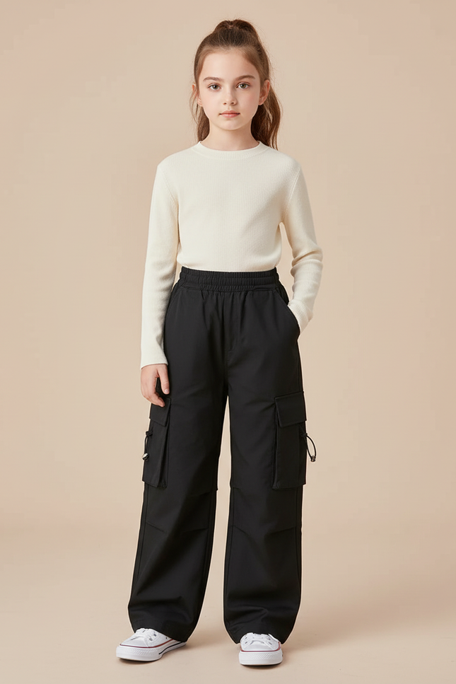 Pantalon Cargo Noir Ample Multipoches Décontracté Fille - Polyester