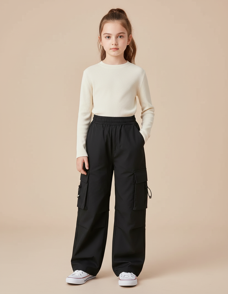 Pantalon Cargo Noir Ample Multipoches Décontracté Fille - Polyester