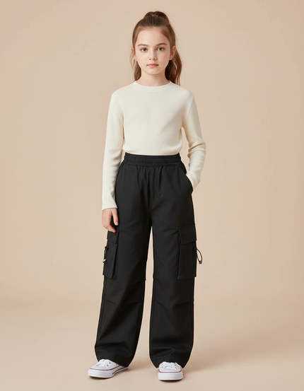 Pantalon Cargo Noir Ample Multipoches Décontracté Fille - Polyester