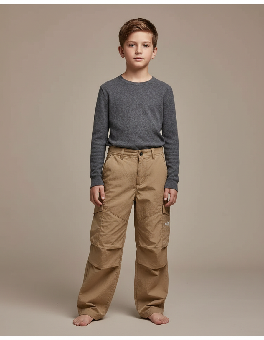 Pantalon Cargo Beige Décontracté Ample Multipoches Enfant - Polyester