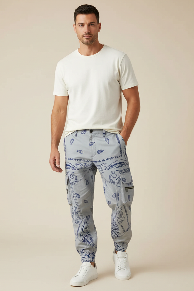 Pantalon Cargo Gris Imprimé Bandana Jogger Homme - Coton