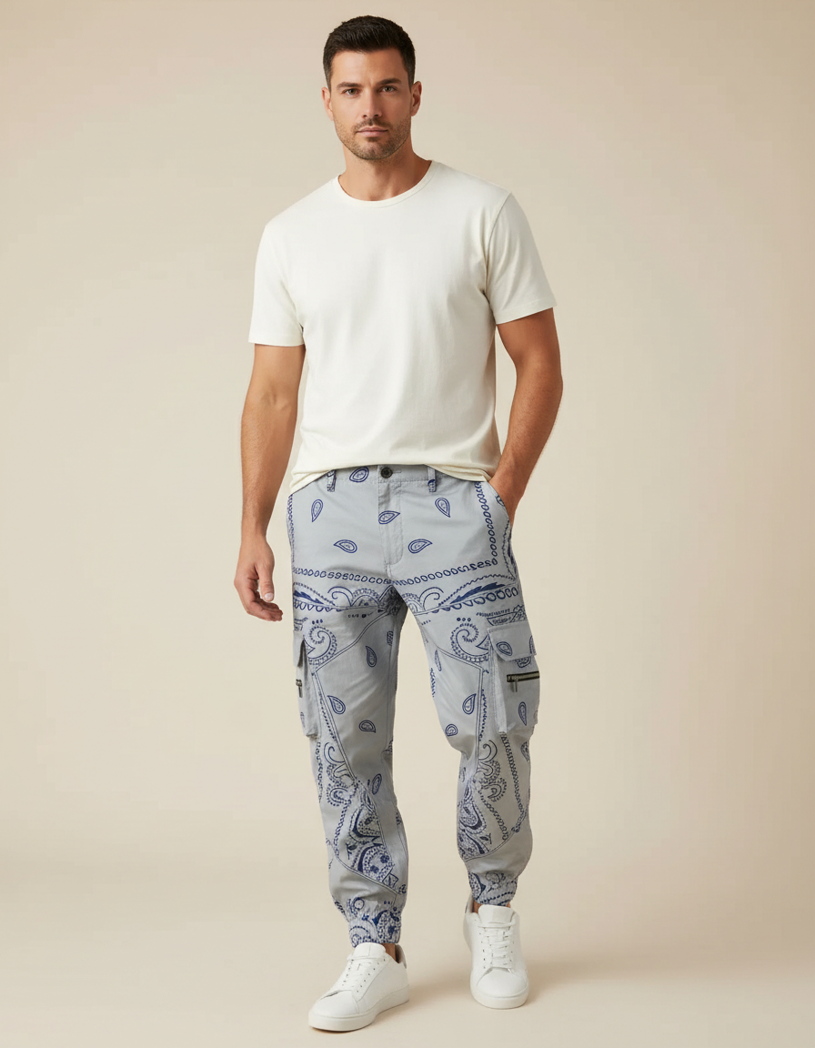 Pantalon Cargo Gris Imprimé Bandana Jogger Homme - Coton