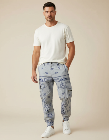 Pantalon Cargo Gris Imprimé Bandana Jogger Homme - Coton