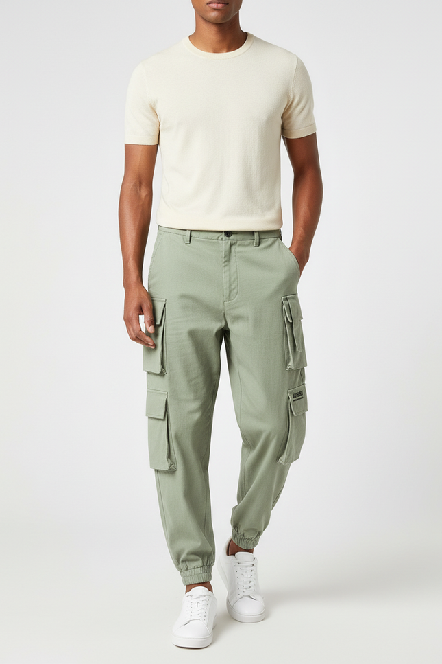 Pantalon Cargo Vert Clair Multipoches Cordon De Serrage - Gabardine