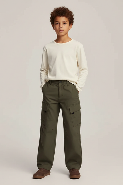 Pantalon Cargo Vert Kaki Ample Décontracté Garçon - Toile