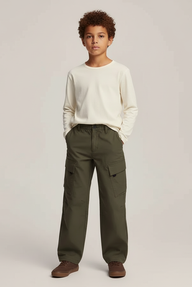 Pantalon Cargo Vert Kaki Ample Décontracté Garçon - Toile