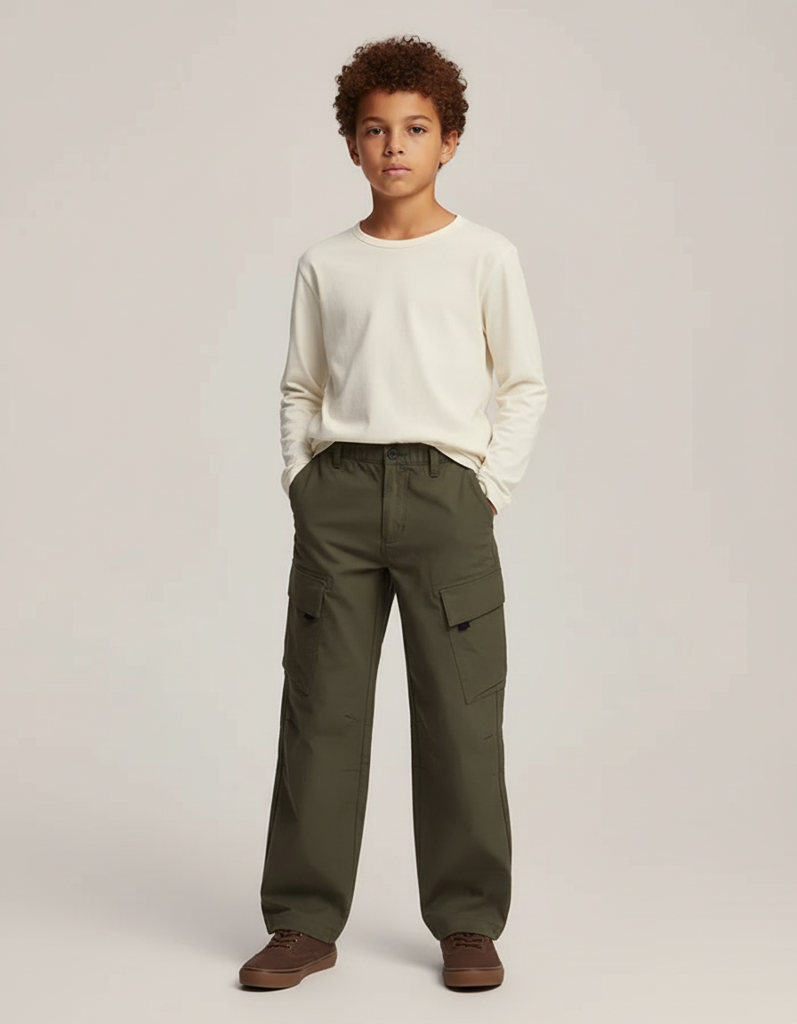 Pantalon Cargo Vert Kaki Ample Décontracté Garçon - Toile