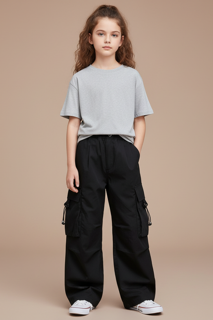 Pantalon Cargo Noir Décontracté Ample Fille Multipoches - Toile