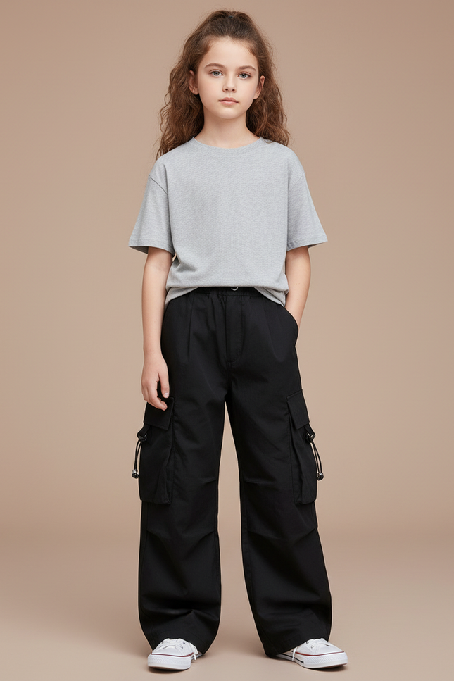 Pantalon Cargo Noir Décontracté Ample Fille Multipoches - Toile