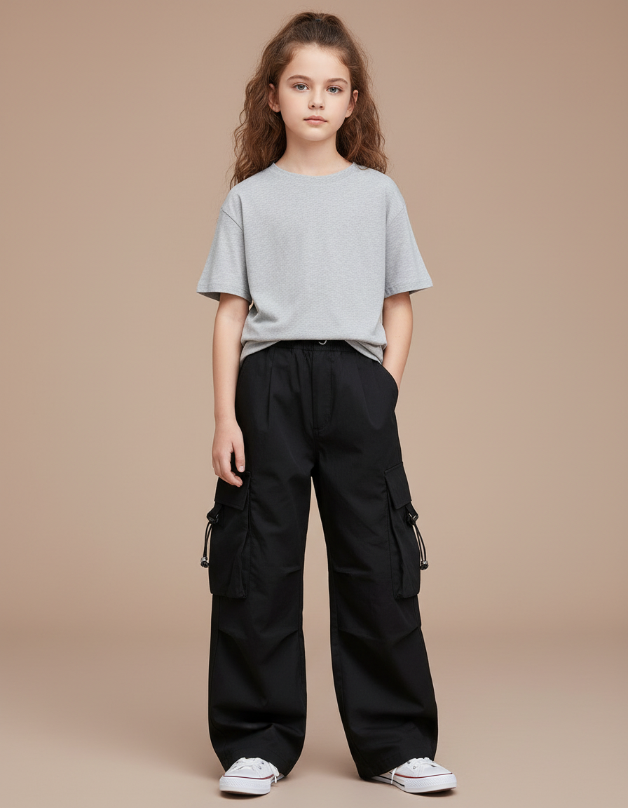 Pantalon Cargo Noir Décontracté Ample Fille Multipoches - Toile