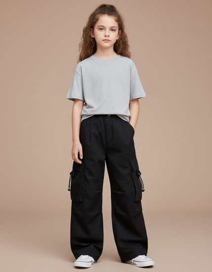 Pantalon Cargo Noir Décontracté Ample Fille Multipoches - Toile