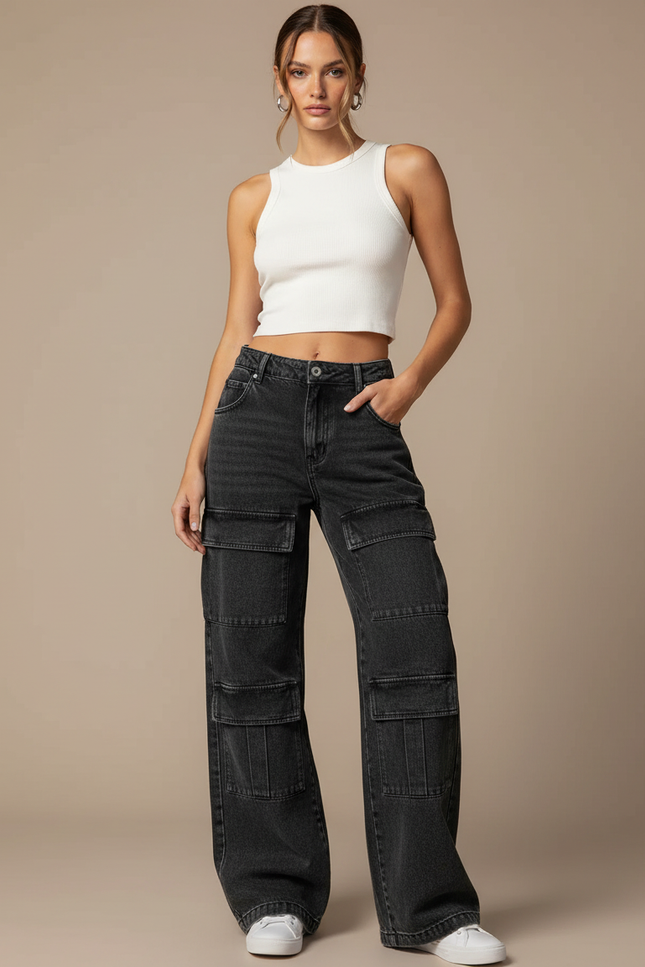 Pantalon Cargo Jean Large Délavé Multipoches Femme - Noir