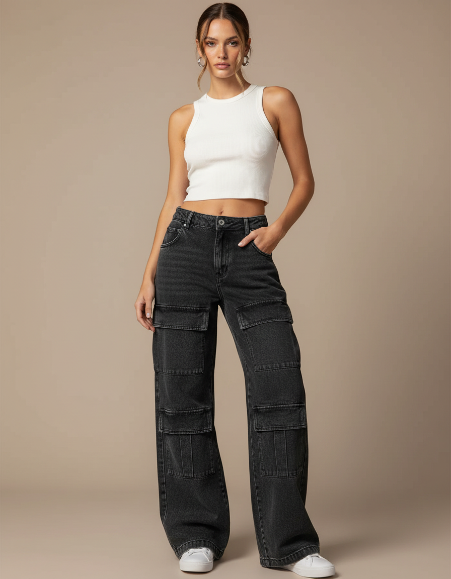 Pantalon Cargo Jean Large Délavé Multipoches Femme - Noir