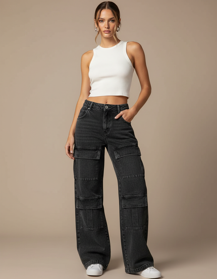 Pantalon Cargo Jean Large Délavé Multipoches Femme - Noir