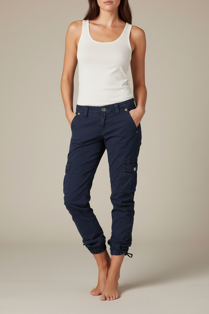 Pantalon Cargo Bleu Marine Coton Multipoches Femme