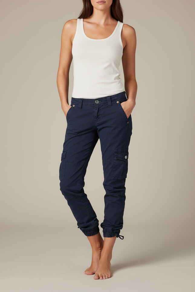 Pantalon Cargo Bleu Marine Coton Multipoches Femme