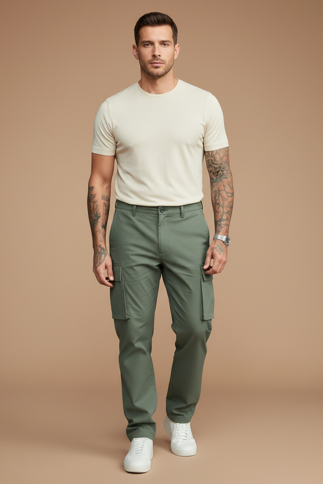 Pantalon Cargo Vert Kaki Droit Coton Décontracté Homme