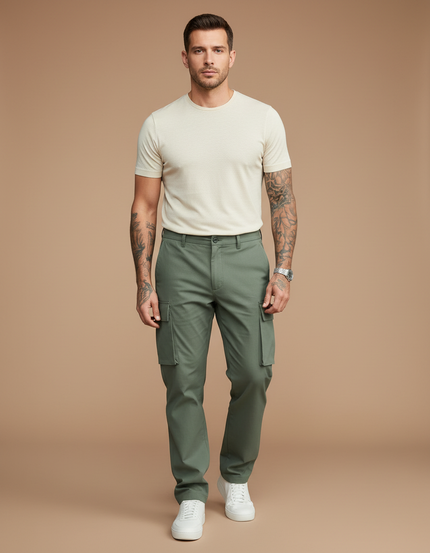 Pantalon Cargo Vert Kaki Droit Coton Décontracté Homme