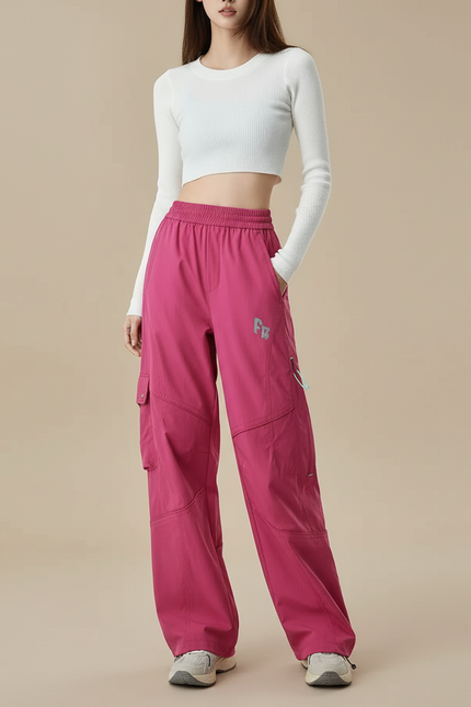 Pantalon Cargo Rose Ample Décontracté Femme - Polyester