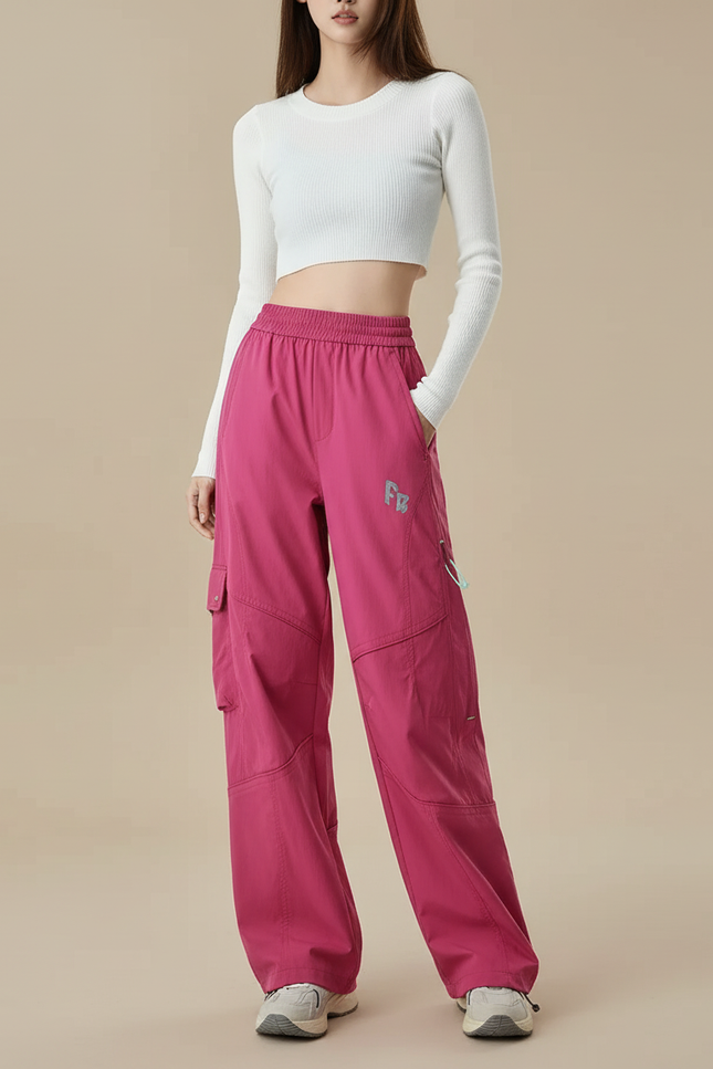 Pantalon Cargo Rose Ample Décontracté Femme - Polyester