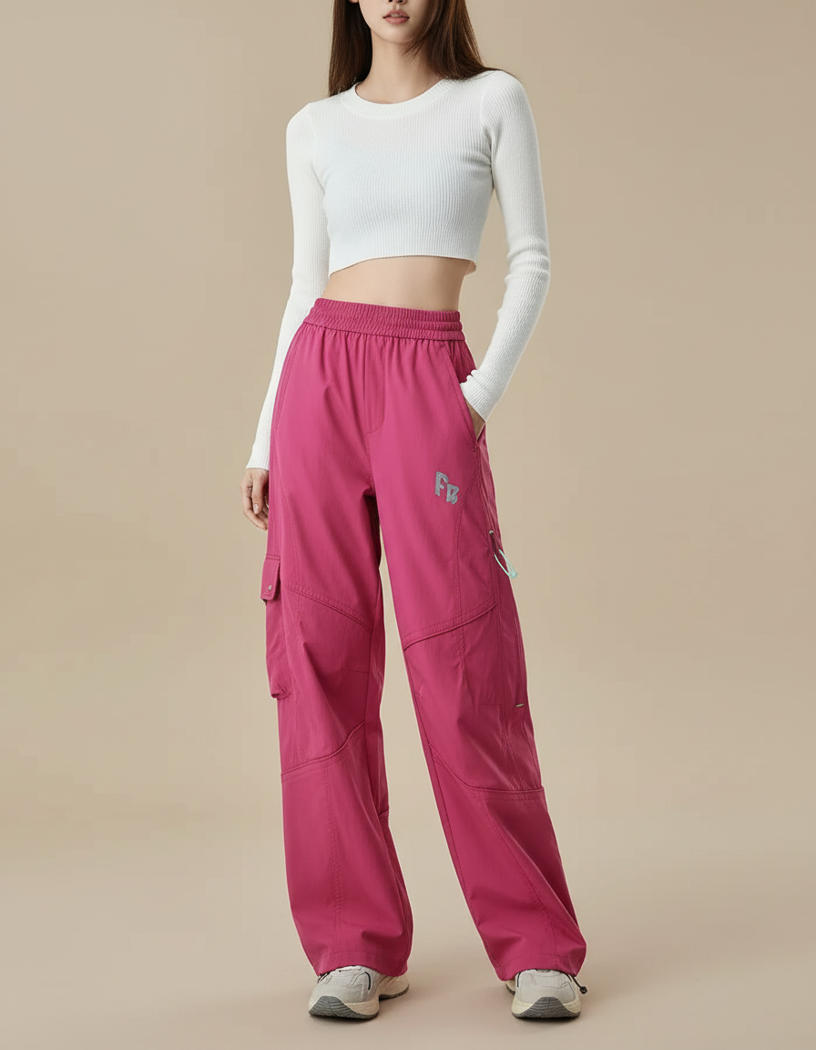 Pantalon Cargo Rose Ample Décontracté Femme - Polyester