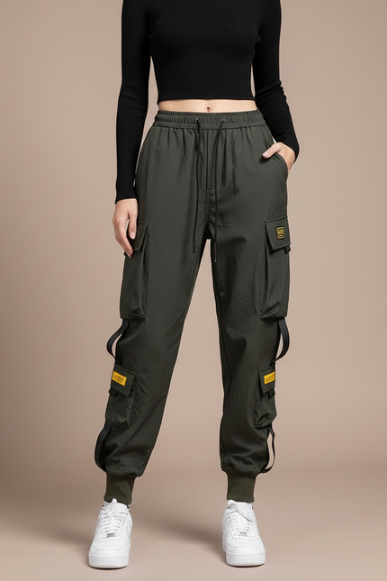 Pantalon Cargo Kaki Ample Multipoches Streetwear Femme - Polyester