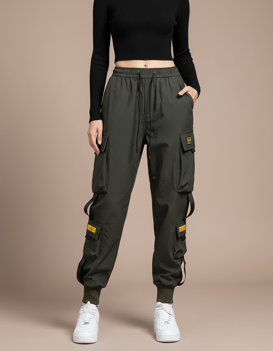 Pantalon Cargo Kaki Ample Multipoches Streetwear Femme - Polyester