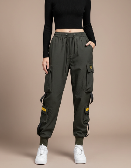 Pantalon Cargo Kaki Ample Multipoches Streetwear Femme - Polyester