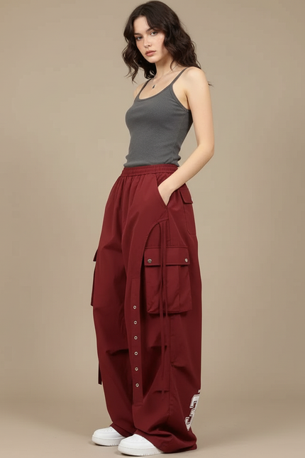 Pantalon Cargo Large Bordeaux Boutons Poches Streetwear - Polyester