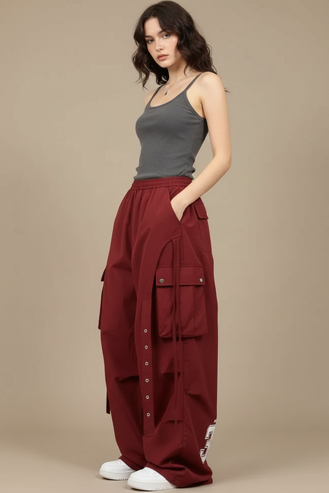 Pantalon Cargo Large Bordeaux Boutons Poches Streetwear - Polyester