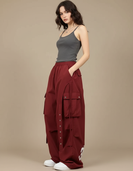 Pantalon Cargo Large Bordeaux Boutons Poches Streetwear - Polyester