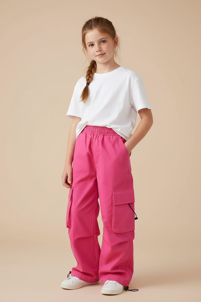 Pantalon Cargo Rose Fuchsia Ample Fille Multipoches - Gabardine
