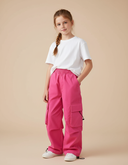 Pantalon Cargo Rose Fuchsia Ample Fille Multipoches - Gabardine