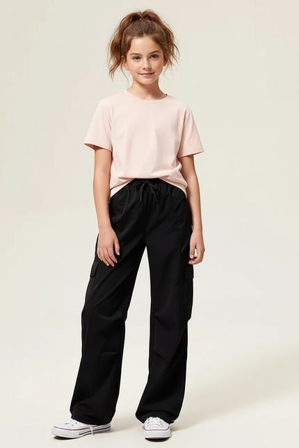 Pantalon Cargo Noir Décontracté Ample Pour Fille - Polyester