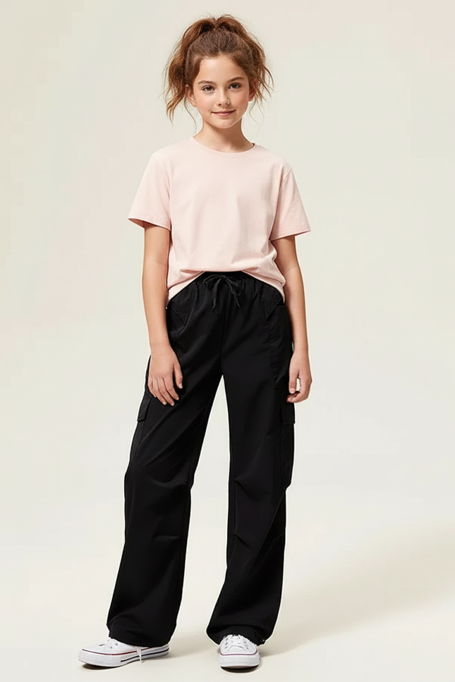 Pantalon Cargo Noir Décontracté Ample Pour Fille - Polyester