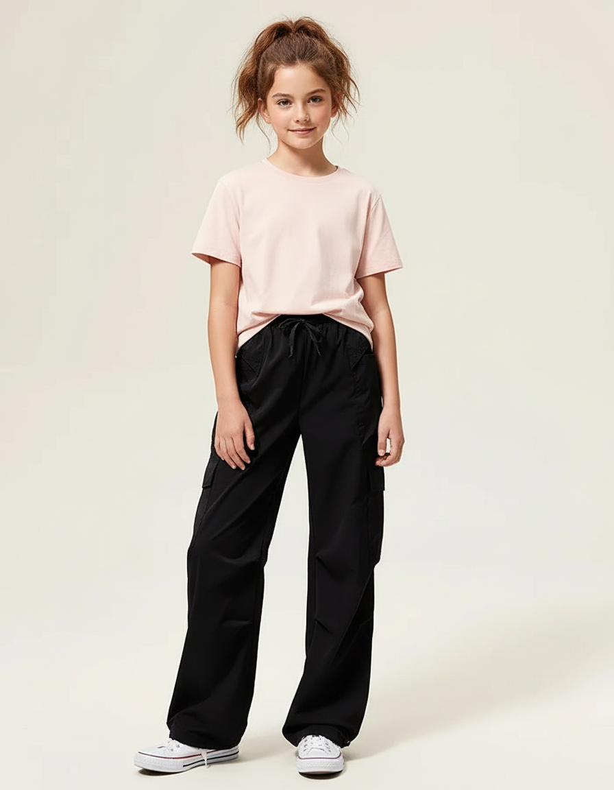 Pantalon Cargo Noir Décontracté Ample Pour Fille - Polyester