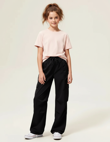 Pantalon Cargo Noir Décontracté Ample Pour Fille - Polyester